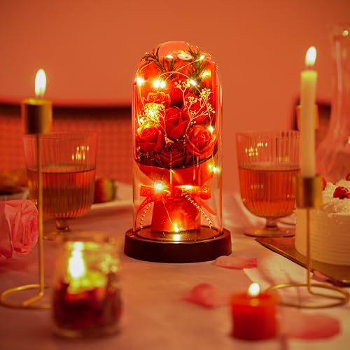 NYRWANA Valentine Gift for Girlfriend, Boyfriend, Husband & Wife | Rose Flower Gift, Light Up Forever Rose in Glass Dome with LED Lights | Eternal Artificial Rose for Home Décor & Couples 3
