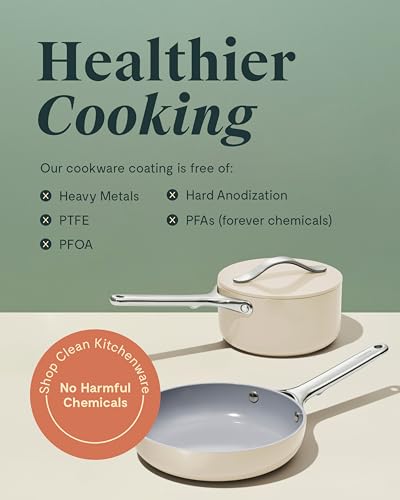 Caraway Mini Cookware Set - Non-Stick Ceramic Fry Pan (1.05 qt, 8") Sauce Pan (1.75 qt) & Storage Rack - Non Toxic, PTFE & PFOA Free - Oven Safe & Stovetop Agnostic (Gas, Electric & Induction) - Cream 6