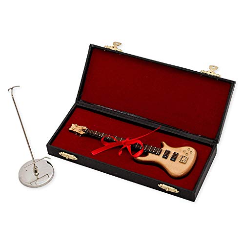 Broadway Gift Natural Wood Bass Electric Guitar with Case and Stand Replica Figurine 7 Inch