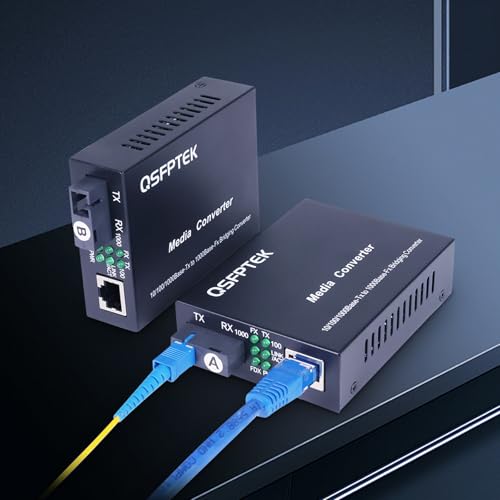 QSFPTEK A Pair 1.25G/s Bidi Fiber Media Converter, Gigabit Media Converter, 10/100/1000Base-Tx to 1000Base-FX Fiber Ethernet Coverter, Singlemode SC Bidi Transceiver TX1310nm/TX1550nm, 10Km 3