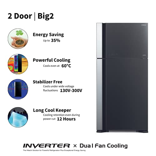 Hitachi 601 L 2 Star Frost Free Inverter Double Door Refrigerator (R-VG660PND7, Glass Grey) 2