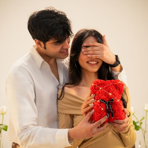 NYRWANA Valentine Gift for Girlfriend, Boyfriend, Husband & Wife | Rose Teddy Bear Gift with DIY String Lights | Artificial Rose Flower Cute Bear for Mom, Women, Girlfriend & Home Décor 2