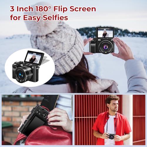 8K Digital Cameras for Photography - WiFi 88MP Autofocus Vlogging Camera for YouTube with 3" 180° Flip Screen - UHD Video Camara Gifts for Beginner Photographer with 18X Zoom, Lens Hood, 64GB Card 5