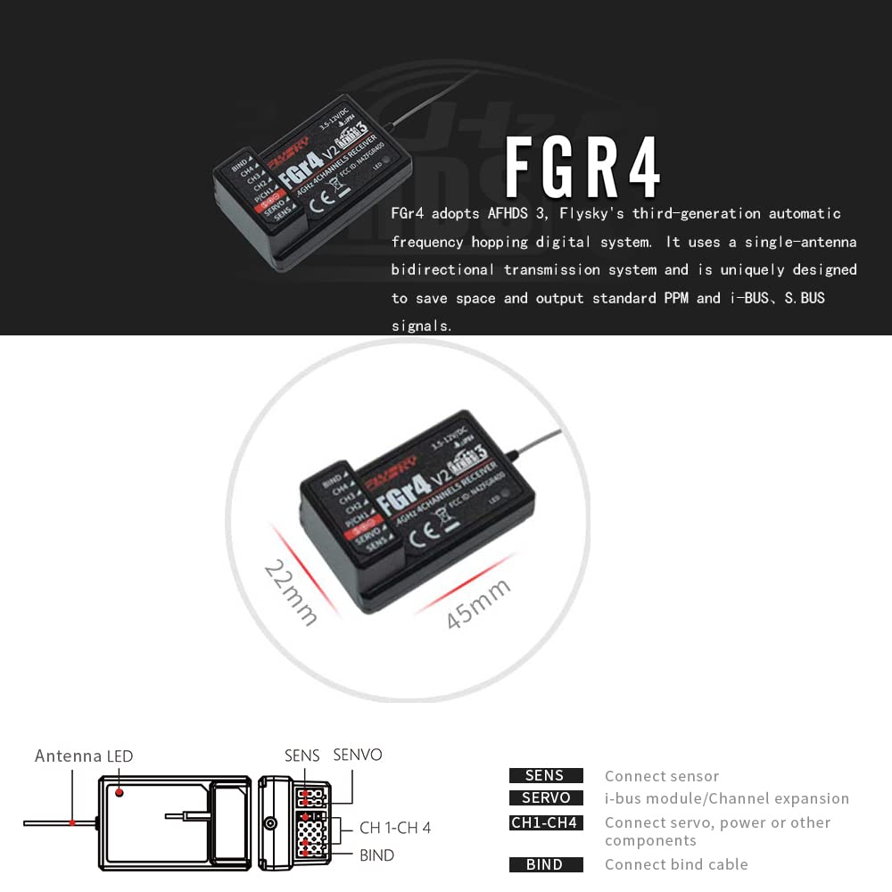 Flysky Receiver FS-FGr4 V2 4CH AFHDS3 2.4Ghz PPM IBUS Sbus Output for RC Car Truck Crawler Boat 4