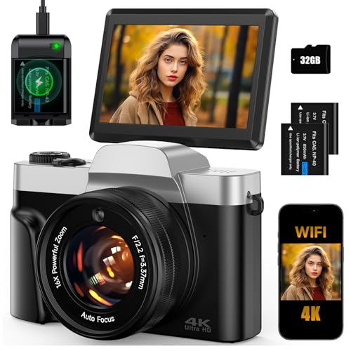 4K Digital Camera for Photography 64MP WiFi Vlogging Camera for YouTube Autofocus 3" 180° Flip Screen 16X Zoom Compact Travel Cameras with Anti-Shake, SD Card, 2 Batteries & Battery Charger 1