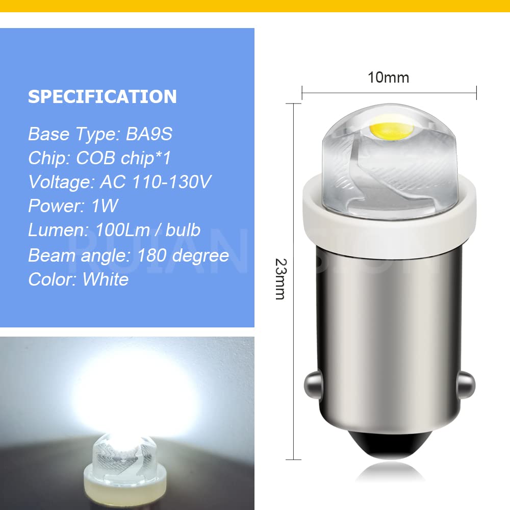 Ruiandsion BA9S LED Bulb 120V 1W 100LM White, 20-Pack, COB Chip for Industrial Control & Power Systems, Distribution Cabinet Status Indicator Light 3