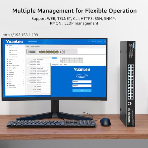 YuanLey 28 Port Gigabit Managed PoE Switch with 24 10/100/1000Mbps PoE+ Ports, 4X 10Gbps SFP+, L3 Smart Managment Ethernet Switch, VLAN, QoS, ACL, SSL, Fanless, Rackmount Network Switch 6