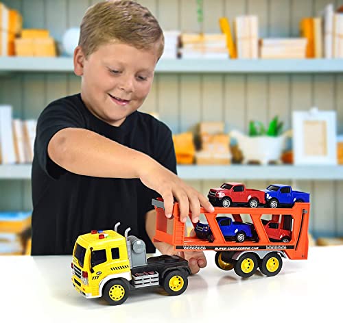 Sunny Days Entertainment Maxx Action 17’’ Vehicle Transport with 4 Diecast Trucks – Bright Lights and Car Sounds | Friction Powered Trailer | 6 Piece Toy Playset for Kids 2
