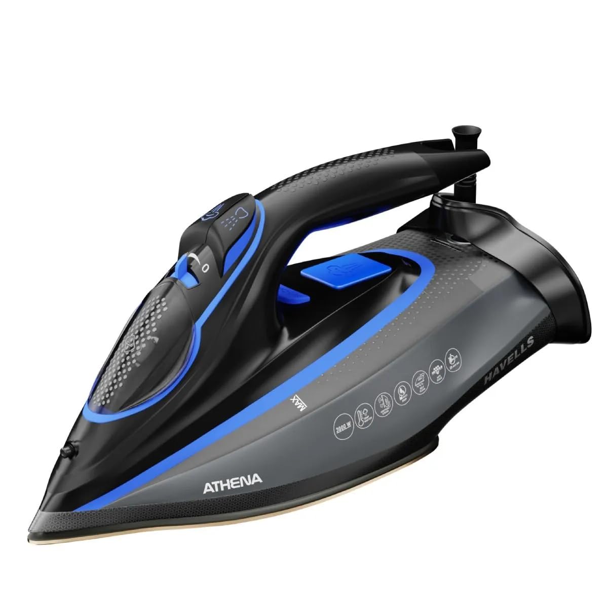 Havells Athena 3000 W Steam Iron with Smart i Sense Technology(No Fabric Burn), 2X Auto Shut Off, Vertical, Horizontal Ironing, Anti Drip, Self-Cleaning&Anti Scale Technology. (Black Blue), 3000 Watts 1
