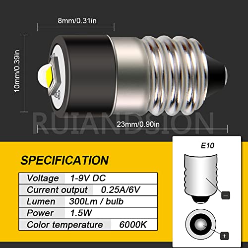Ruiandsion E10 LED Flashlight Bulbs 1-9V Miniature Screw Indicator Light Bulbs Upgrade for Flashlights Bike Work Lights Microscope Lamp (Pack of 2) 4