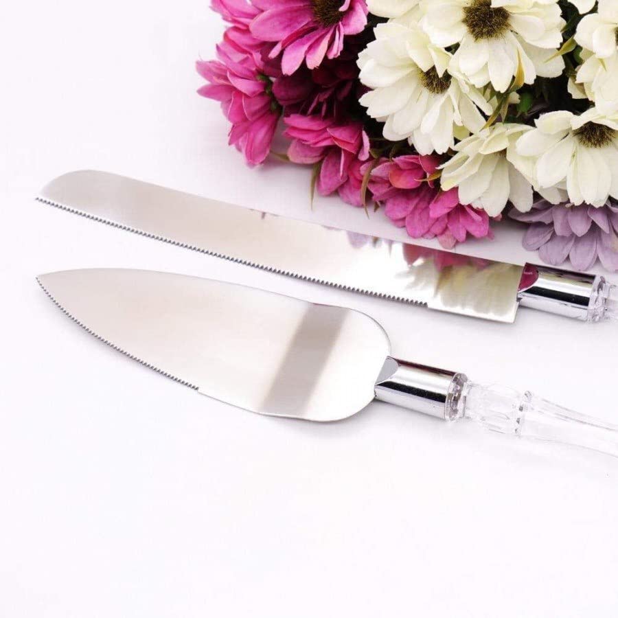 CZ Stainless Steel Cake Knife and Cake Server Set with Acrylic Handle Slicer Cutter Pizza Shovel Knife Pie Server Hand Tool with Cutting Knife Decorating Tools Set of 2 5
