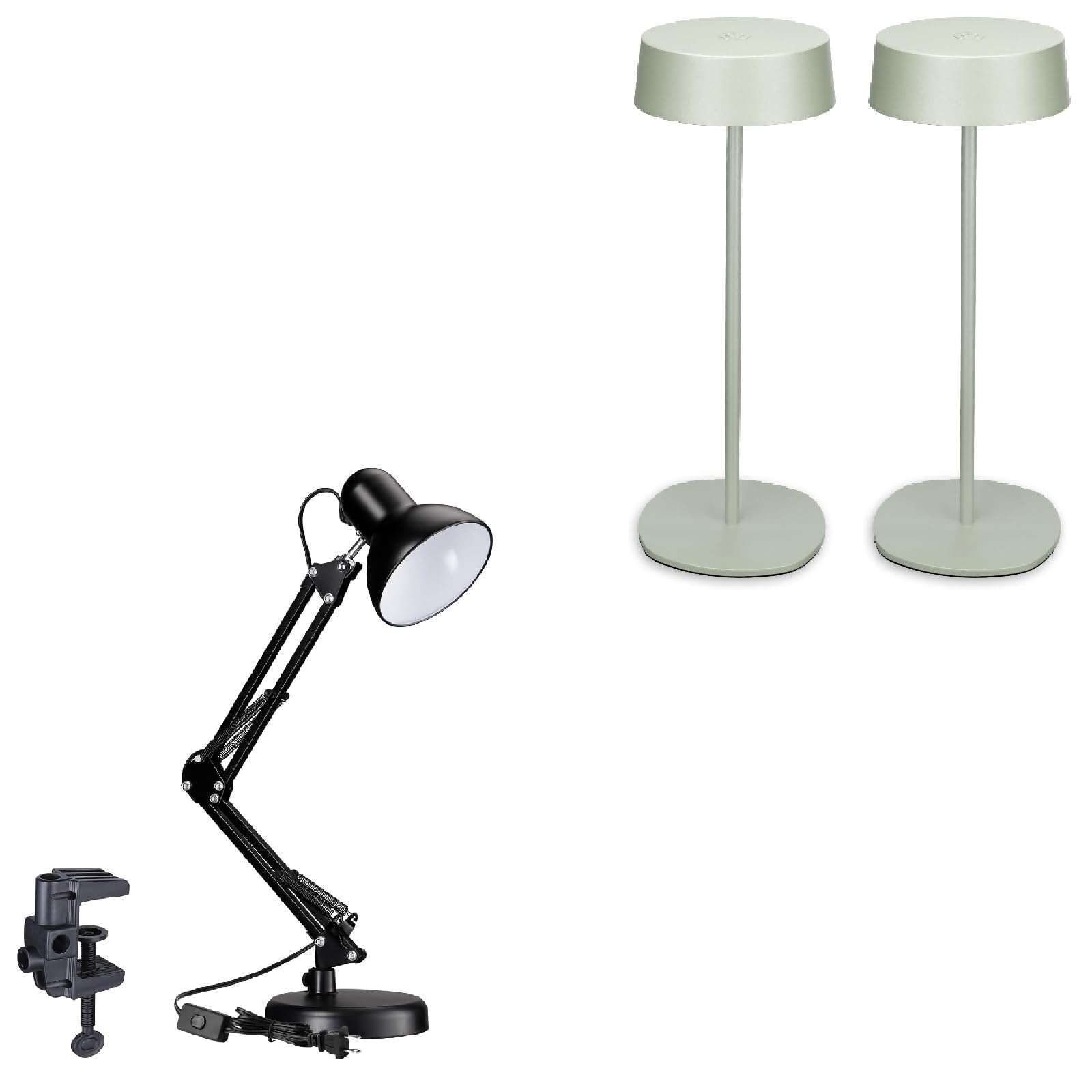 TORCHSTAR Metal Desk Lamp with Clamp, Swing Arm, E26, Multi-Joint, Black Bundle LED Cordless Table Lamp, Rechargeable Table Lamp, Dimmable, 4000mAh Battery Operated, 2700K, Green, Pack of 2 1