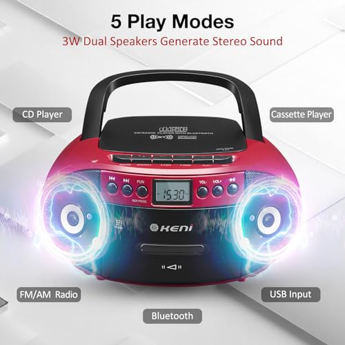 G Keni Portable CD and Cassette Player Boombox Combo, Casette Tape Recorder with Remote, AM FM Radio, USB Playback with Earphone Jack, 5.1V Bluetooth Speaker, Battery Operated/AC Powered for Home(Red) 2