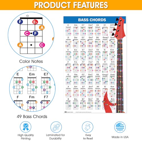 QMG Bass Guitar Chord Poster (11"x17"), Bass Guitars Accessories, Laminated Bass Chord Chart, 49 Color Coded Chords, Beginner Bass Chords Chart for Learn to Play Music Theory 3
