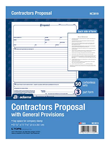 Adams Contractor's Proposal Forms, 8.5 x 11.44 Inch, 3-Part, Carbonless, 50-Pack, White, Canary and Pink (NC3819) 2