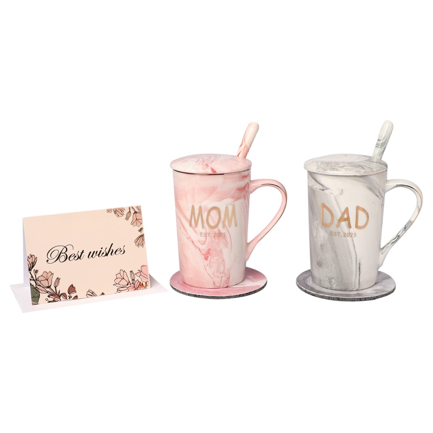 NYRWANA DELIVERING SMILES IN INIDA Dad & Mom Est 2023 Ceramic Mug Gift For Mom Dad, Gift For Couple Baby Shower Occasion, Couples Mugs Set With Gift Box & Free Coasters (Grey, Pink), 400 milliliter 6