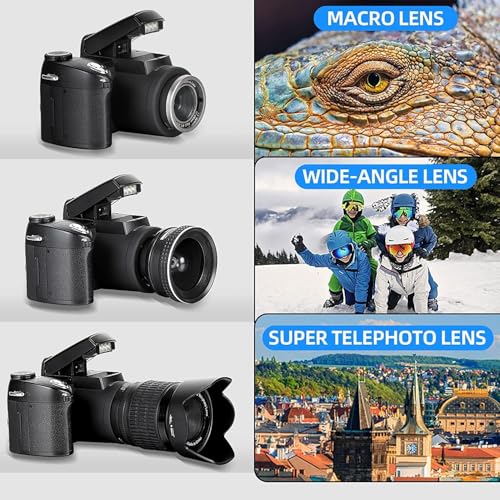Monitech DSLR Cameras 33MP Digital Camera FHD 1080P Video Camera Auto-Focus Digital Cameras for Photography 24X Digital Zoom Vlogging Camera for YouTube with Tripod and 3 Lenses 2