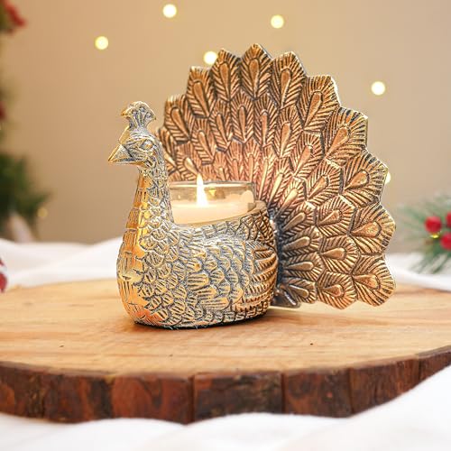 BEHOMA Metal Gold Dancing Peacock for Home Décor | Valentine’s Day, Birthday, Wedding Anniversary Romantic Gift for Women | Good Luck & Love Showpiece with Scented Glass Votive Candle (Golden,18.5cm) 1