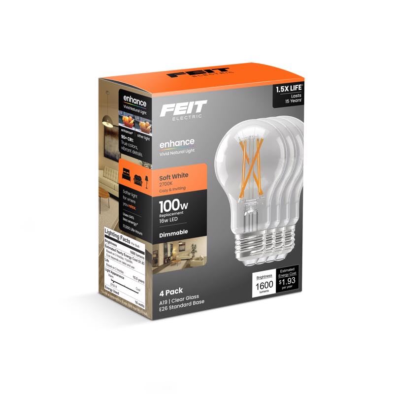 Dimmable A19 LED Bulbs (4-Pack): Soft White, 16W (100W Equivalent), 2700K by Feit Electric 1