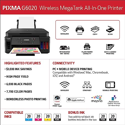 Canon PIXMA G6020 All-in-One Supertank Wireless (Megatank) Printer, Copier and Scan with Mobile Printing, Black, Works with Alexa 6