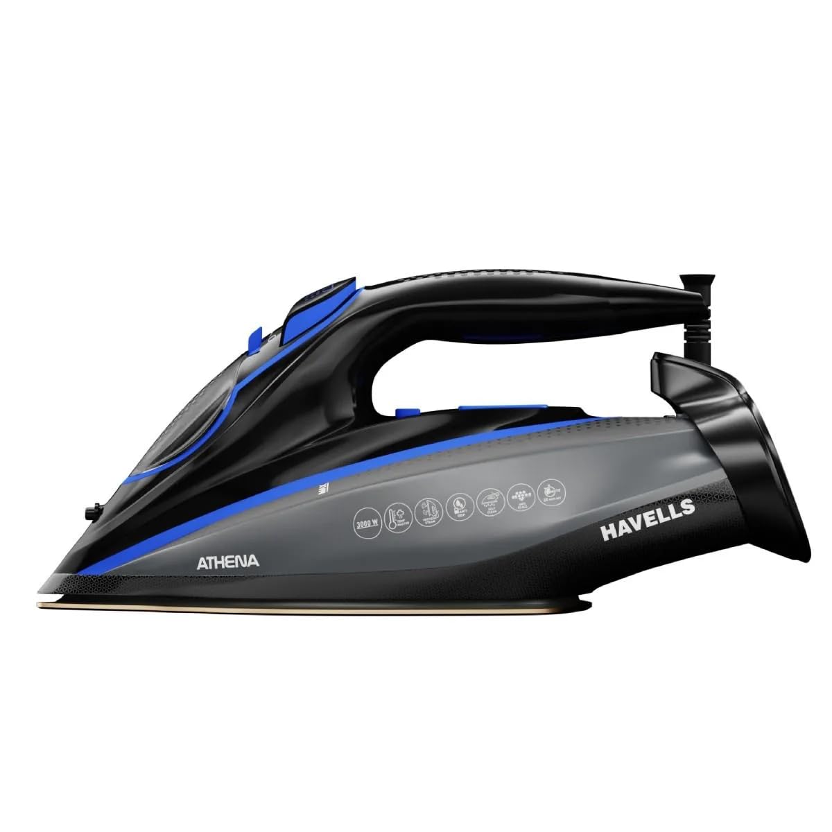 Havells Athena 3000 W Steam Iron with Smart i Sense Technology(No Fabric Burn), 2X Auto Shut Off, Vertical, Horizontal Ironing, Anti Drip, Self-Cleaning&Anti Scale Technology. (Black Blue), 3000 Watts 3