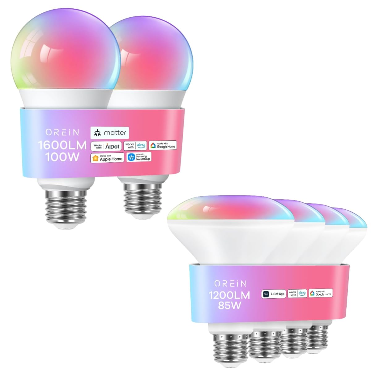 OREiN Matter Smart Light Bulb, 1600/1200 Lumens 100W/85W Equivalent Smart Light Bulbs, Color Changing Light Bulbs Work with Apple Home, Alexa, Google Home, SmartThings