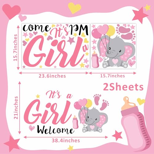 It's A Girl Sign Decls for Backdrop Baby Shower Decorations for Girl Welcome Home Baby Girl Decals Sign for Balloon Arch Baby Elephant Gender Reveal Party Signs 4