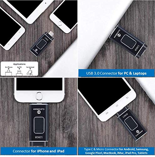 4-in-1 iPhone and Android 128GB Photo Stick USB 3.0 Flash Drive - Compatible with All Your Devices! iPhone iPad Samsung Moto Pixel PC Mac (Easy Backup & External Storage + Certified iOS App) Cleverdan 5