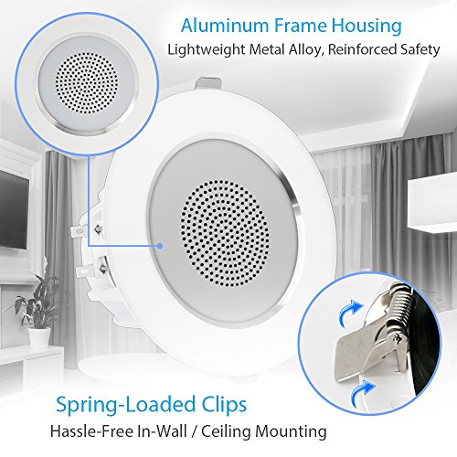 Pyle 4” Ceiling Wall Mount Speakers - Pair of 2-Way Sound Stereo Speaker Audio System Flush Design w/ Aluminum Alloy Frame Housing 60Hz - 20kHz Frequency Response & 160 Watts Peak - Pyle PDIC4 , White 5