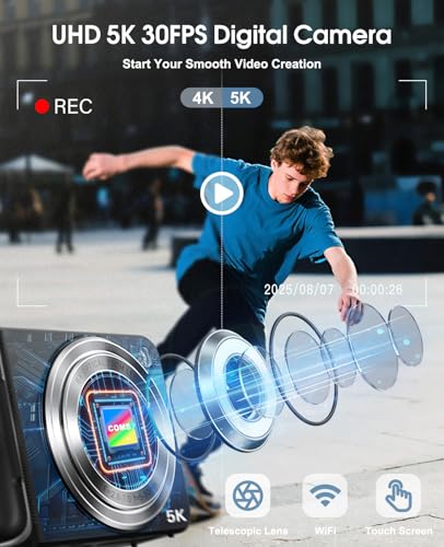 5K Digital Camera for Photography, 64MP Touchscreen WiFi Camera with Autofocus 6X Optical & 16X Digital Zoom, Dual-Lens Vlogging Camera for YouTube Video Anti-Shake, Travel Compact Camera with Flash 2