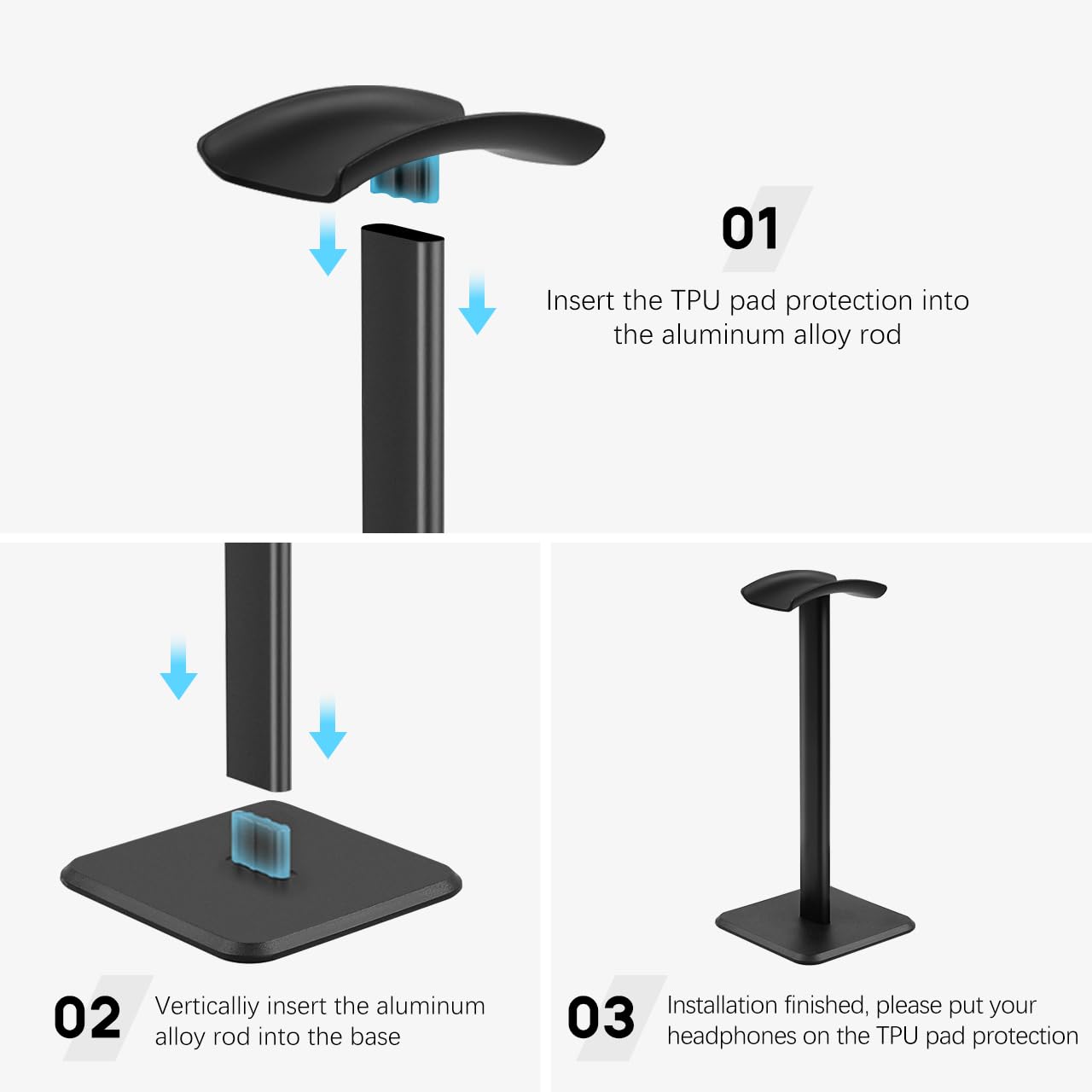 JIKIOU Headphone Stand Gaming Headset Holder Universal Aluminum Metal Headphones Holder Hanger with Aluminum Supporting Bar Flexible Headrest ABS Solid Base for All Headphone 2 Pack (Black) 5