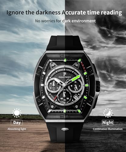 Paras Crown Watches for Men Tonneau 5ATM Waterproof Quartz Luxury Chronograph Analog Men's Wrist Watches Stainless Steel Case Mens Watches 5