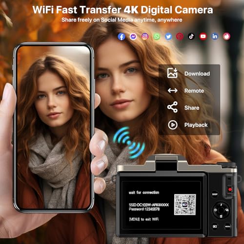 4K Digital Camera for Photography 64MP WiFi Vlogging Camera for YouTube Autofocus 3" 180° Flip Screen 16X Zoom Compact Travel Cameras with Anti-Shake, SD Card, 2 Batteries & Battery Charger 4