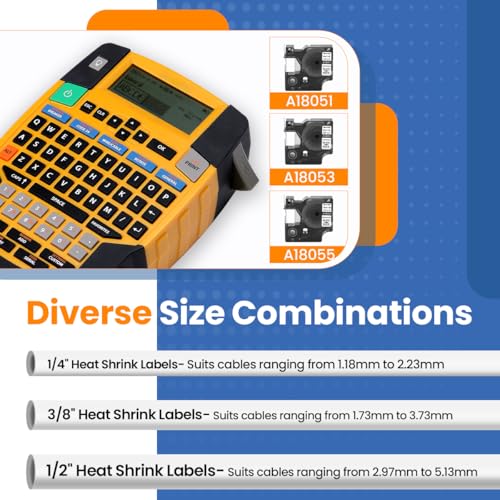 3-Pack Aonomi Compatible Label Tapes Replacement for DYMO 18051 18053 18055 (1/4", 3/8", 1/2") Heat Shrink Tube Labels for DYMO Rhino 4200 5200 5000 Industrial Label Maker, Black on White, 4.9 Feet 3