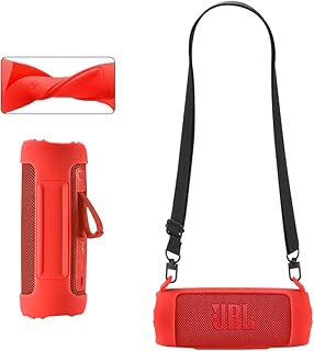 Silicone Case Cover Compatible with JBL Flip 7 Case Portable Wireless Speaker Subwoofer Resistant Drop Crash Adjustable Shoulder Strap Mountaineering Hiking Outdoor Travel Carrying (Red) 1