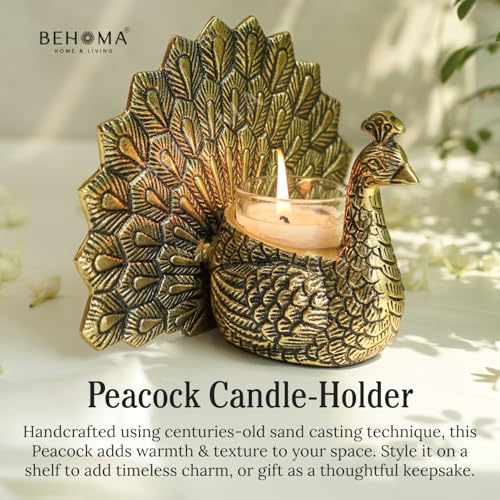 BEHOMA Metal Gold Dancing Peacock for Home Décor | Valentine’s Day, Birthday, Wedding Anniversary Romantic Gift for Women | Good Luck & Love Showpiece with Scented Glass Votive Candle (Golden,18.5cm) 4
