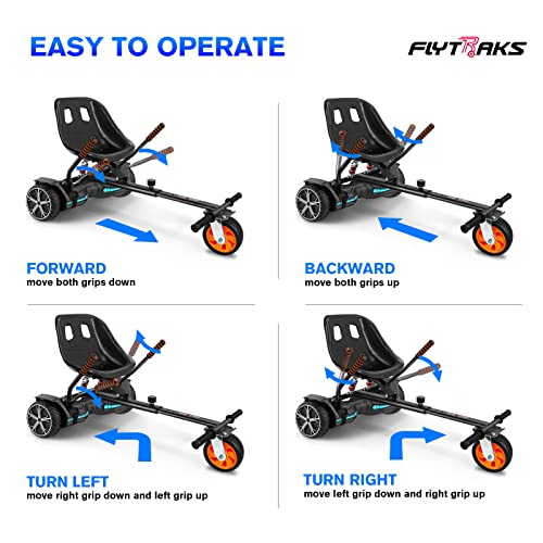 Flytraks K2 Hoverboard Go Kart with Rear Shock Absorption, Hoverboard Seat Attachment Accessory for 6.5" 8" 10" Hover Board, Adjustable Frame Length & Off-Road Rubber Wheel 6