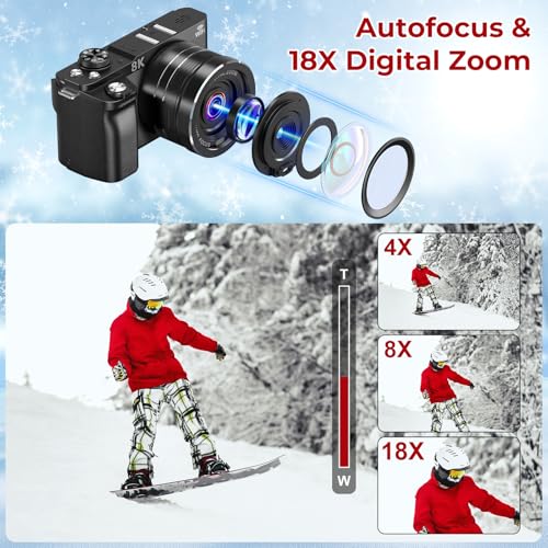 8K Digital Cameras for Photography - WiFi 88MP Autofocus Vlogging Camera for YouTube with 3" 180° Flip Screen - UHD Video Camara Gifts for Beginner Photographer with 18X Zoom, Lens Hood, 64GB Card 4