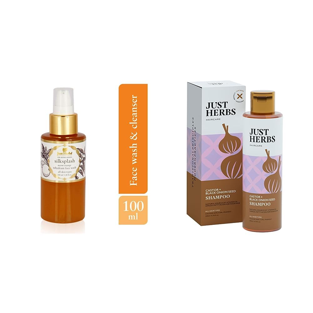 Just Herbs Silk Splash Neem-Orange Rehydrant Ayurvedic Face Wash, 100ml & Just Herbs Castor and Black Onion Seed Sulfate Free Shampoo Reduce Hairfall- 200ml Combo 1