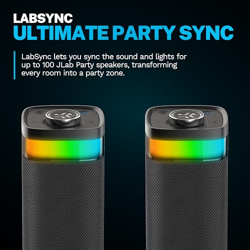 JLab JBuds Party Portable Bluetooth Speaker, 2 Full-Range Drivers + 2 Passive Woofers, IP56 Waterproof, 12 Hours Playtime, Connect Multiple Speakers, Custom Sound + RGB Lighting via App, Black 4