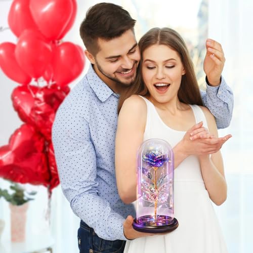 Gifts for Women, Galaxy Glass Rose Flowers Birthday Gifts Forever Eternal Crystal Light Up Rose in Glass Dome with Butterfly Presents for Her Mom Sister Wife Girlfriend Purple 4