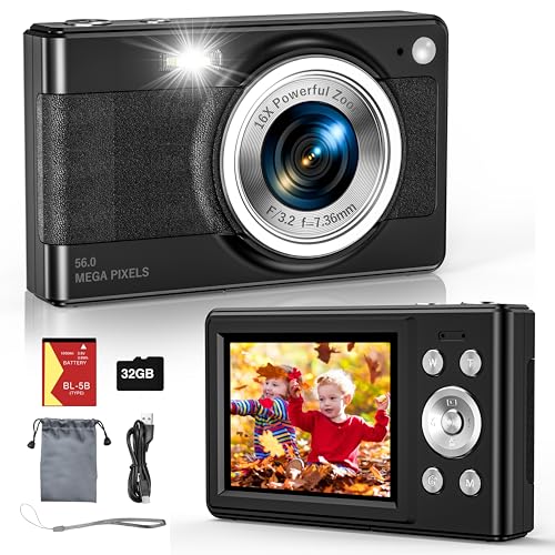 2025 New Digital Camera, 56MP FHD 1080P for Kids with 16x Digital Zoom Anti Shake, Face Detect, Smile Capture, 32GB TF Card, Battery, Lanyard, a Great Gift for Boys & Girls（Black） 1