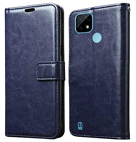 Jkobi Flip Cover Case for Realme C25Y | C21Y (Leather Finish | Magnetic Closure | Inner TPU | Foldable Stand | Wallet Card Slots | Blue)