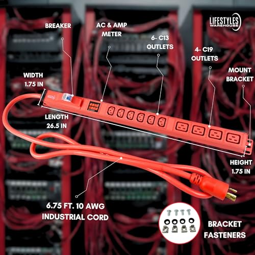 PDU 240V Power Strip with 6 -C13 & 4- C19 Outlets, 30 Amp, Rack Mount, Breaker and Surge Protector, 7200 Watt, 6ft 10 AWG Cord with L6-30P Plug, Digital Meter ASIC Mining (Red) 2
