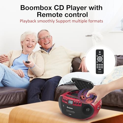 G Keni Portable CD and Cassette Player Boombox Combo, Casette Tape Recorder with Remote, AM FM Radio, USB Playback with Earphone Jack, 5.1V Bluetooth Speaker, Battery Operated/AC Powered for Home(Red) 3