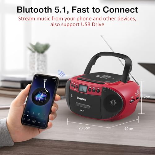 G Keni Portable CD and Cassette Player Boombox Combo, Casette Tape Recorder with Remote, AM FM Radio, USB Playback with Earphone Jack, 5.1V Bluetooth Speaker, Battery Operated/AC Powered for Home(Red) 5