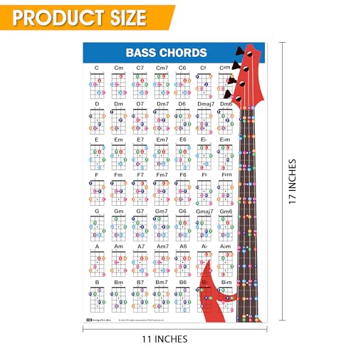 QMG Bass Guitar Chord Poster (11"x17"), Bass Guitars Accessories, Laminated Bass Chord Chart, 49 Color Coded Chords, Beginner Bass Chords Chart for Learn to Play Music Theory 2