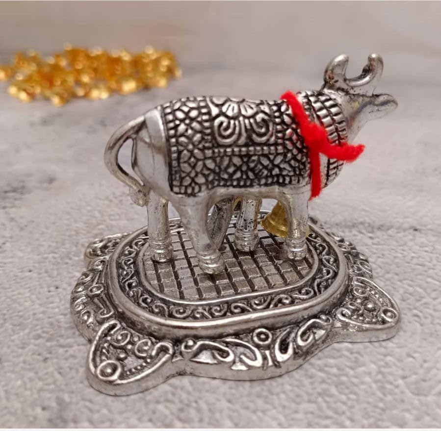 LABHCART Decorative Silver Metal Cow Statue with Bell, 7.6 x 6.4 cm, Traditional Design,Pack of 6 5