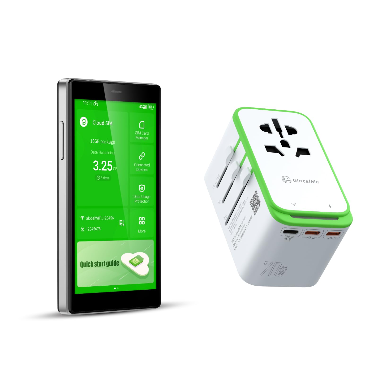 GlocalMe G4 Pro 4G LTE Mobile Hotspot Device and RoamPlug Universal Travel Adapter with 4G WiFi Mobile Hotspot, All-in-One International Power Plug Adaptor, 4 USB Ports and Max 70W Output for US EU UK 1