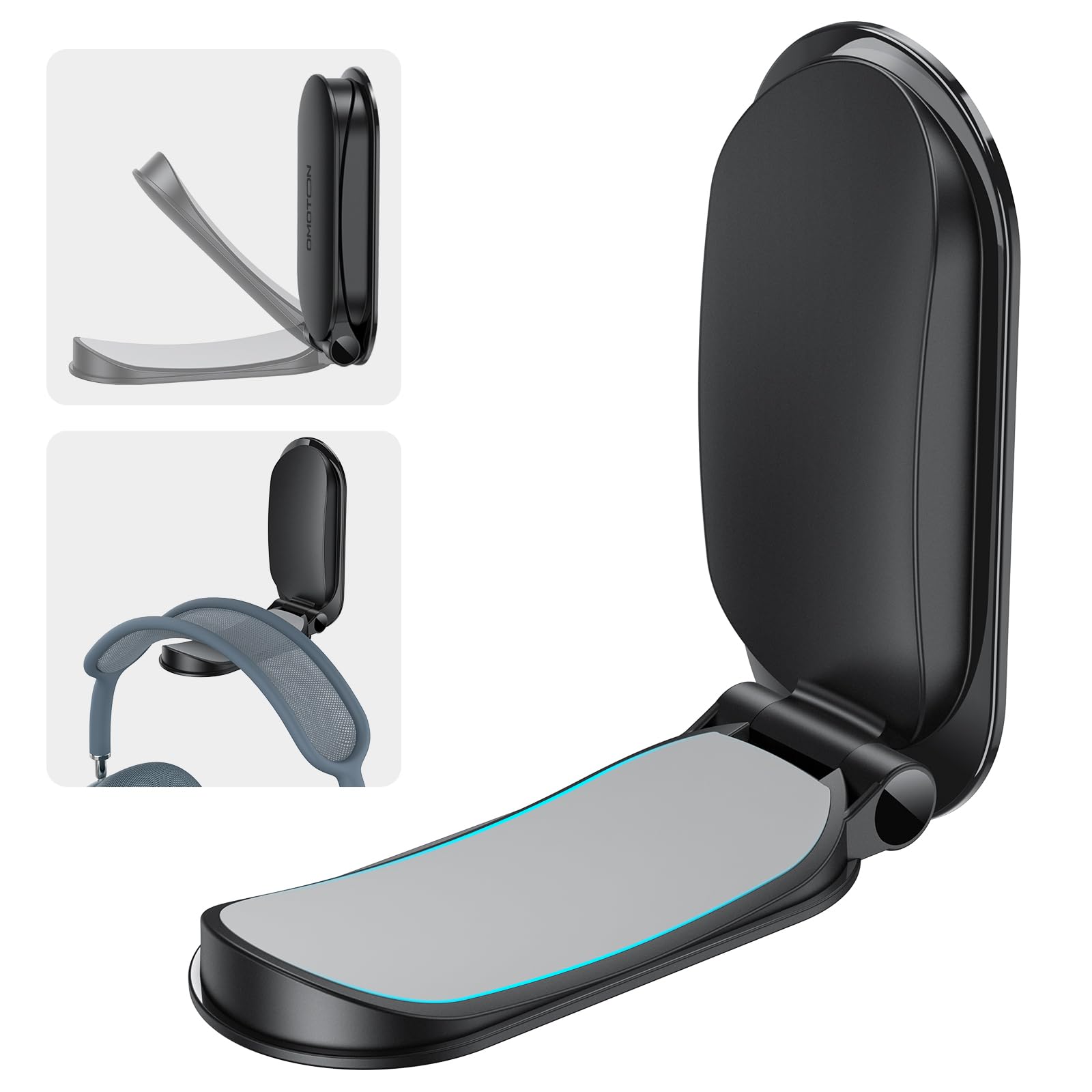 OMOTON Headphone Stand for Desk, Foldable Sticky Headset Stand Holder, Headphone Holder Hook Mount with Non-Slip Silicone, PC Gaming Accessories for Airpods Max, All Earphones- Black 1